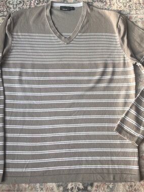 Mexx Taupe and White Striped V-Neck Sweater